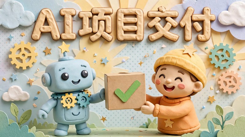 AI项目交付封面:黏土机器人把带对勾的成品箱交给小人