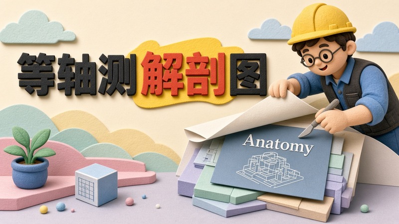 等轴测解剖图：分层几何结构，侧面有标注线