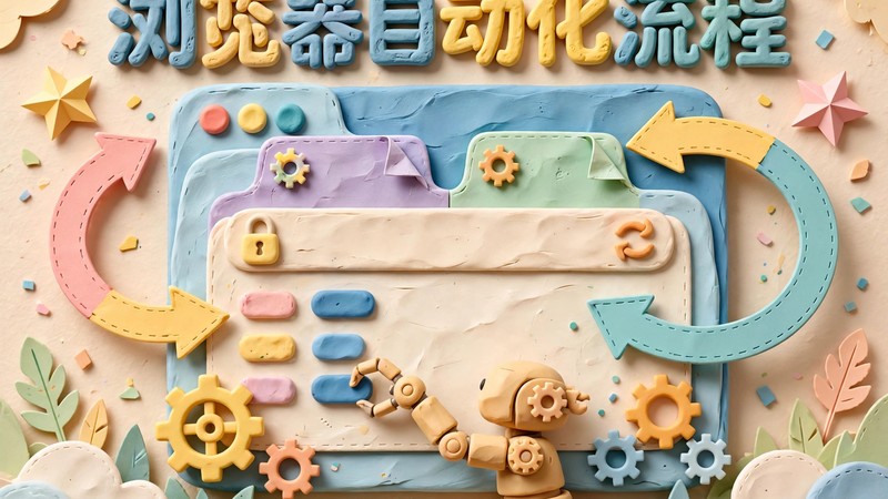 浏览器自动化流程封面：黏土机器人手臂在浏览器里点按钮