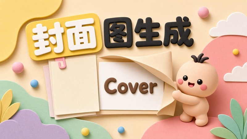 封面图生成示意：3D 纸雕黏土风，中文标题是封面图生成