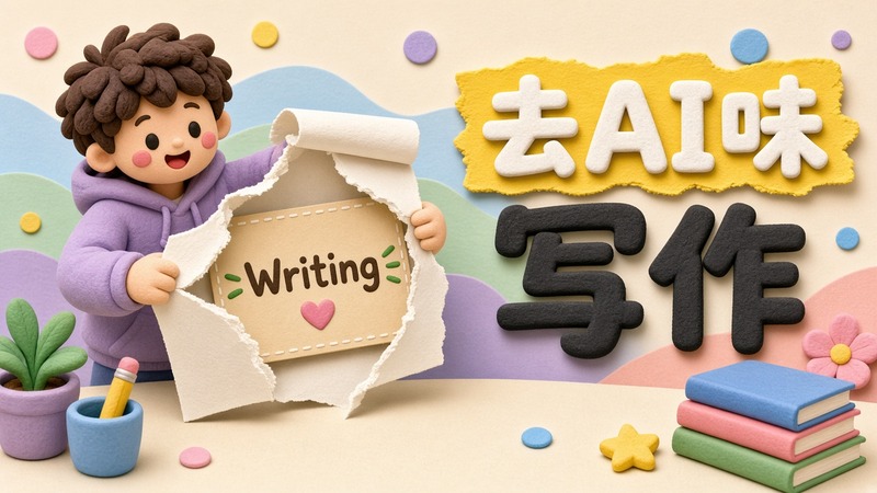去AI味写作封面：纸上的手写中文，旁边一支红笔