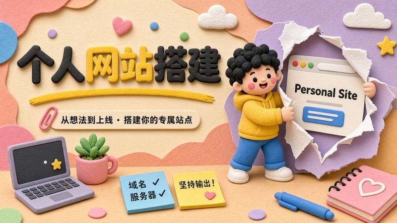 个人网站搭建封面：浏览器里的个人站，旁边是飞书文档和参考站卡片