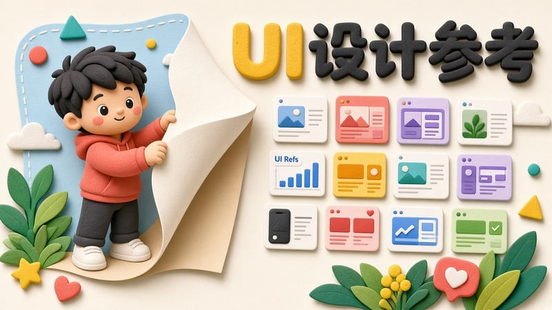 UI设计参考清单封面:浅色桌面上的参考站拼贴与设计卡片