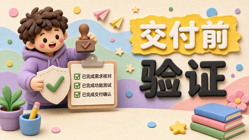 交付前验证封面：纸雕对勾和检查清单