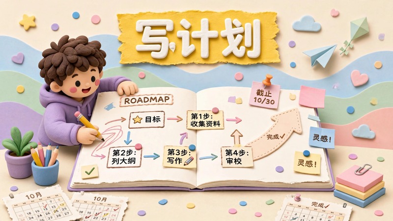 写计划封面：纸雕台阶拾级而上，顶端有旗帜