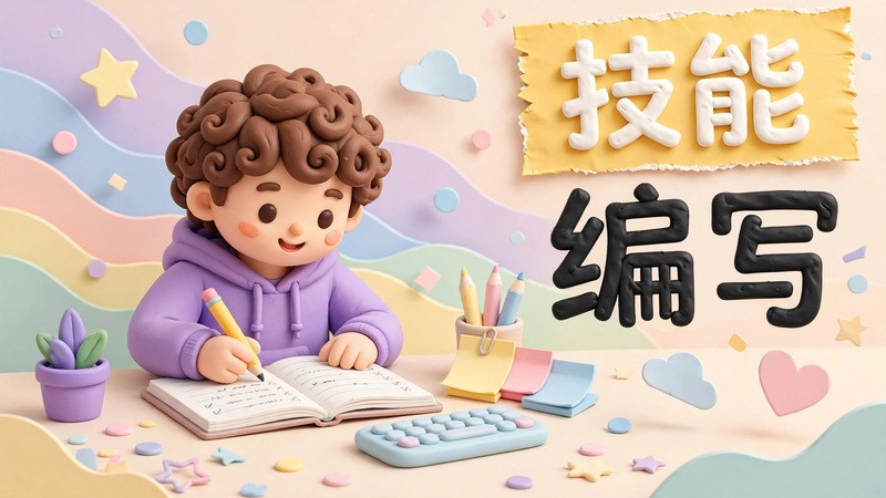 技能编写封面：纸上写着技能编写四个字，旁边有齿轮和文档